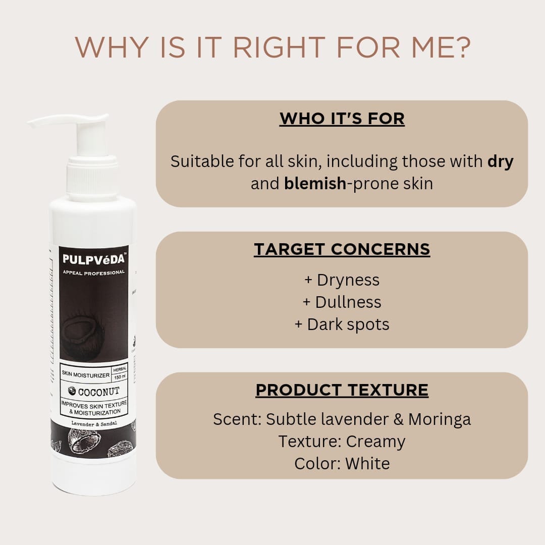 COCONUT REJUVENATING SKIN MOISTURIZER WITH LAVENDER AND SANDAL FOR INDIAN SKIN |150 ml moisturizer Pulpvéda