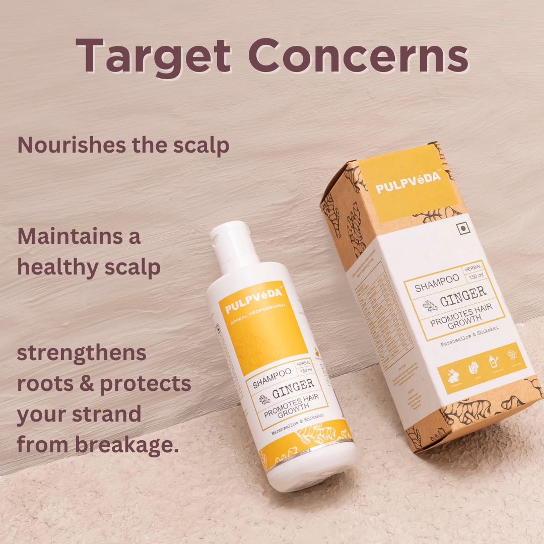 GINGER HAIR SHAMPOO WITH MARSHMALLOW & ONION SEED HERB EXTRACTS | PROMOTES HAIR GROWTH |150 ml Hair Shampoo Pulpvéda