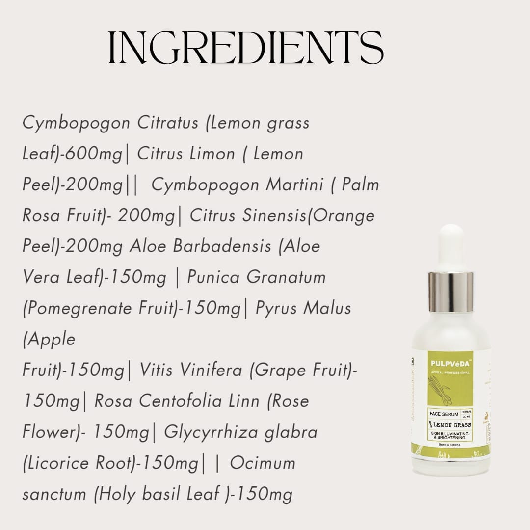 LEMON GRASS SKIN ILLUMINATING FACE SERUM WITH ROSE & BABCHI 30ml Pulpvéda