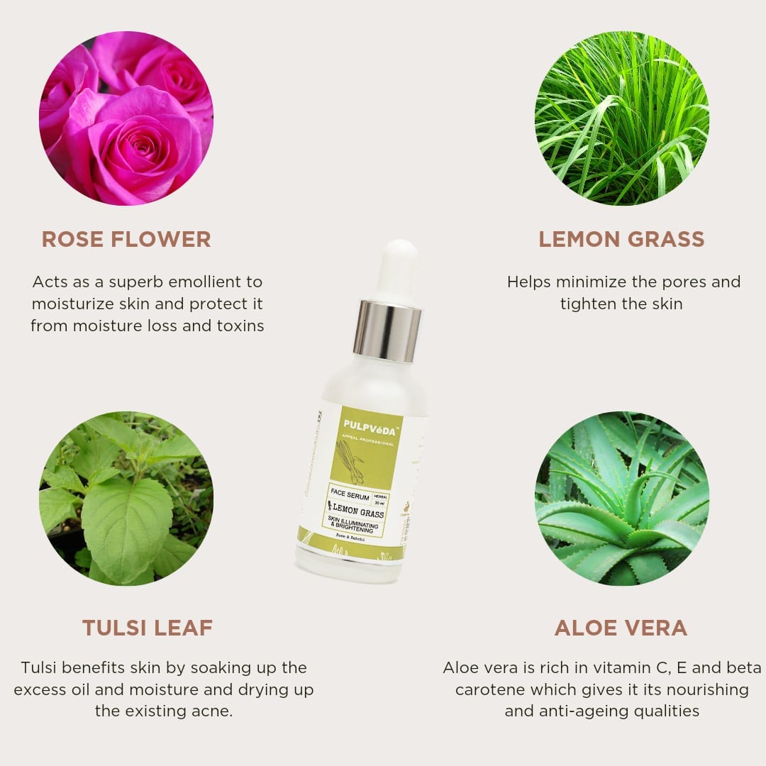 LEMON GRASS SKIN ILLUMINATING FACE SERUM WITH ROSE & BABCHI 30ml Pulpvéda