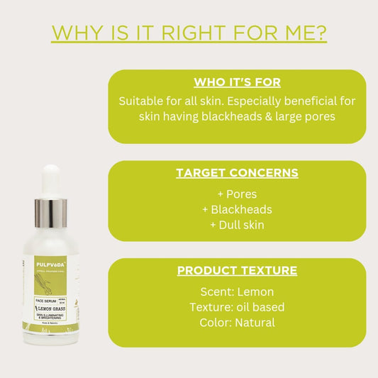 LEMON GRASS SKIN ILLUMINATING FACE SERUM WITH ROSE & BABCHI 30ml Pulpvéda