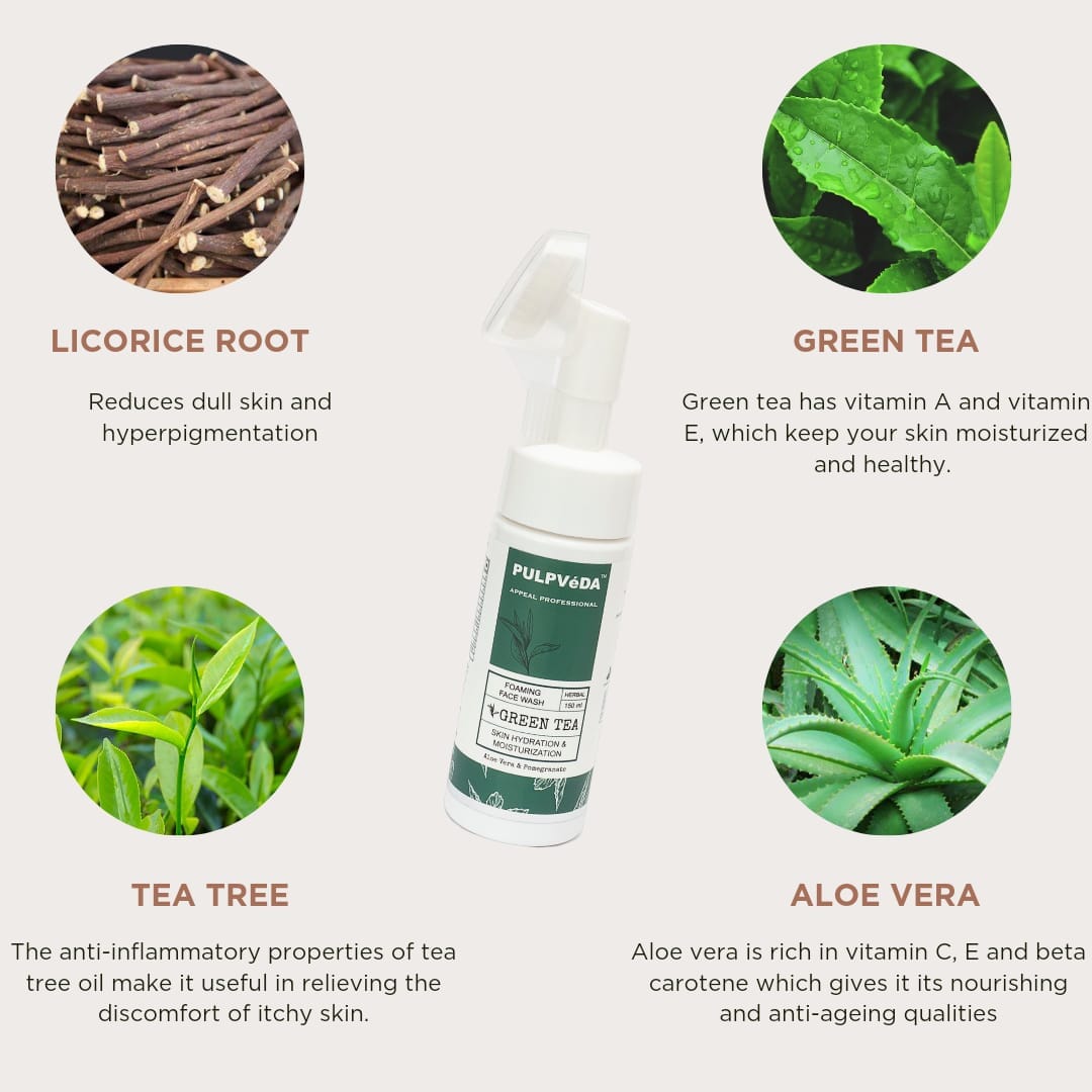 GREEN TEA FOAMING FACE WASH WITH ALOE VERA & POMEGRANATE FOR HYDRATION 150 ML Pulpvéda